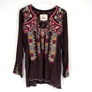 Johnny Was Biya Top Womens S Brown‎ Silk Embroidered Floral Boho Hippie Peasant